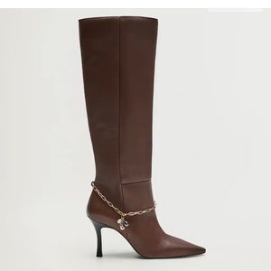 Mango tall brown leather boots with chain detail